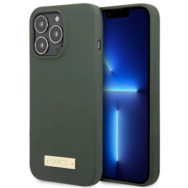 Guess GUHMP13XSPLA iPhone 13 Pro Max 6,7" – žalias/ chaki kietas dėklas, Silicone Logo Plate MagSafe