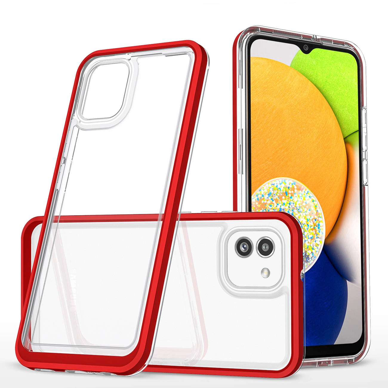 Clear 3in1 dėklas Samsung Galaxy A03, silikoninis dėklas su rėmeliu, raudonas