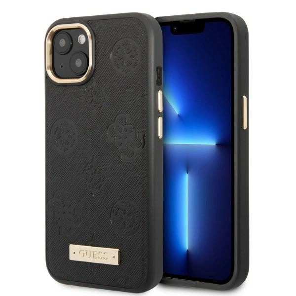 Guess GUHMP13MSAPSTK iPhone 13 6,1" – juodas/juodas kietas dėklas, Peony Logo Plate MagSafe
