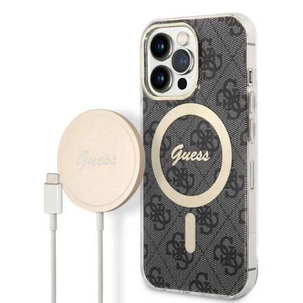 Rinkinys Guess GUBPP13XH4EACSK Case+Charger iPhone 13 Pro Max – juodas/juodas kietas dėklas, 4G Print MagSafe