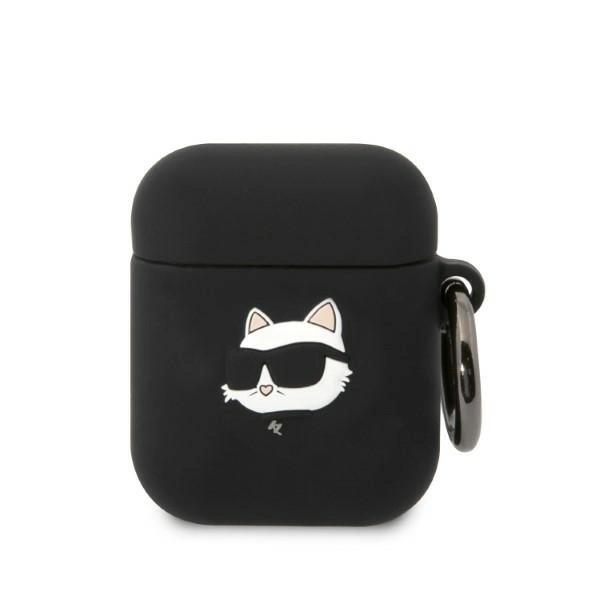 Karl Lagerfeld KLA2RUNCHK AirPods 1/2 dėklas – juodas/juodas, silikoninis Choupette Head 3D