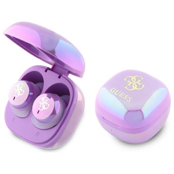 Guess 4G Spaudo Logo Bluetooth TWS ausinės + Docking Station - violetinis