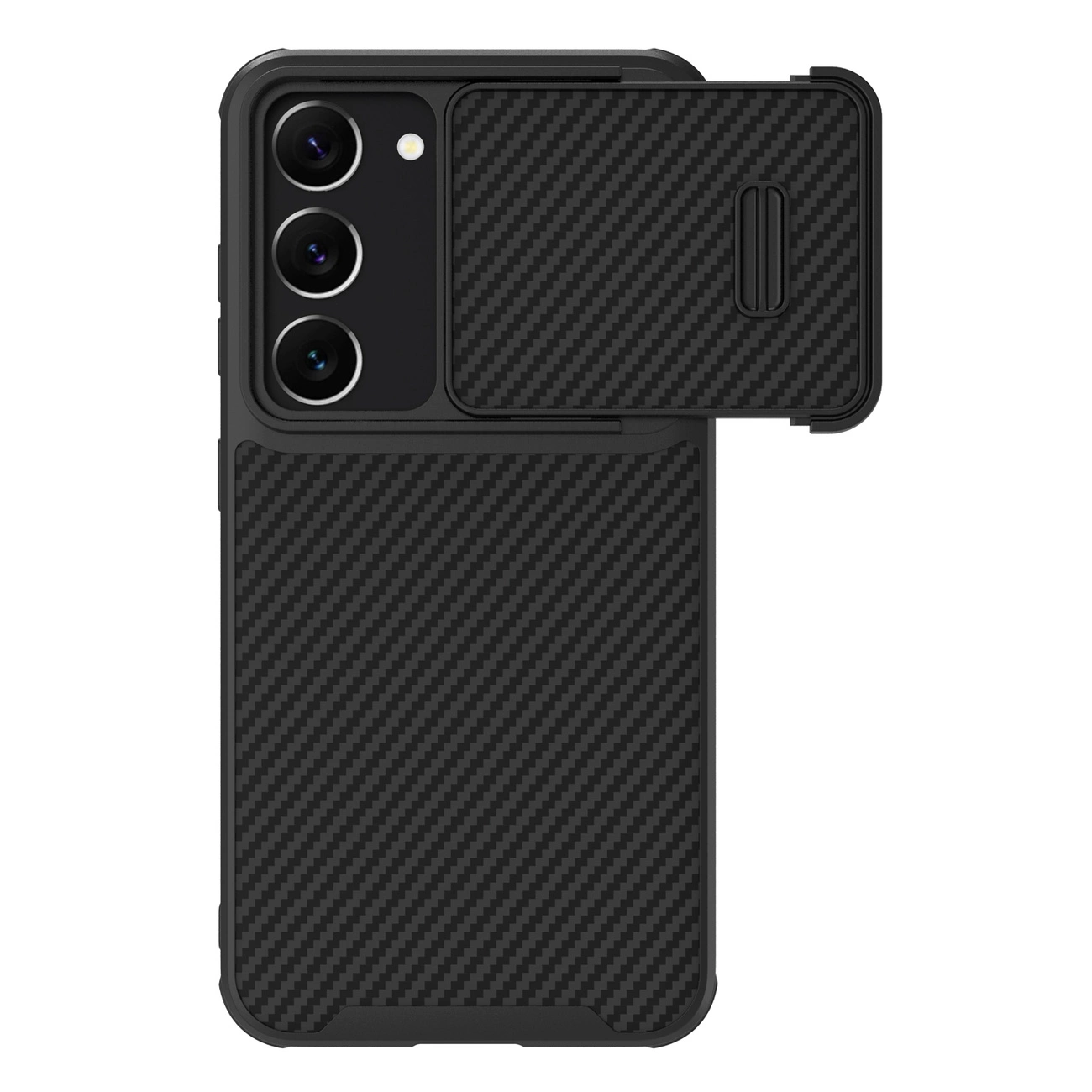 Nillkin Synthetic Fiber S dėklas Samsung Galaxy S23 – su kameros dangčiu, juodas