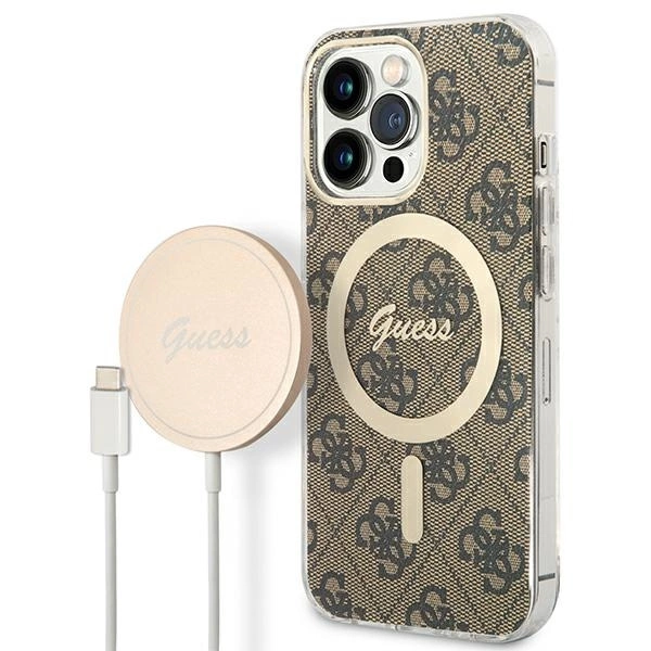 Rinkinys Guess GUBPP13LH4EACSW Case+Charger iPhone 13 Pro – rudas/rudas kietas dėklas, 4G Print MagSafe