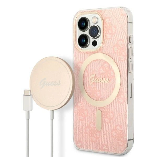 Rinkinys Guess GUBPP13LH4EACSP Case+Charger iPhone 13 Pro – rožinis/rožinis kietas dėklas, 4G Print MagSafe