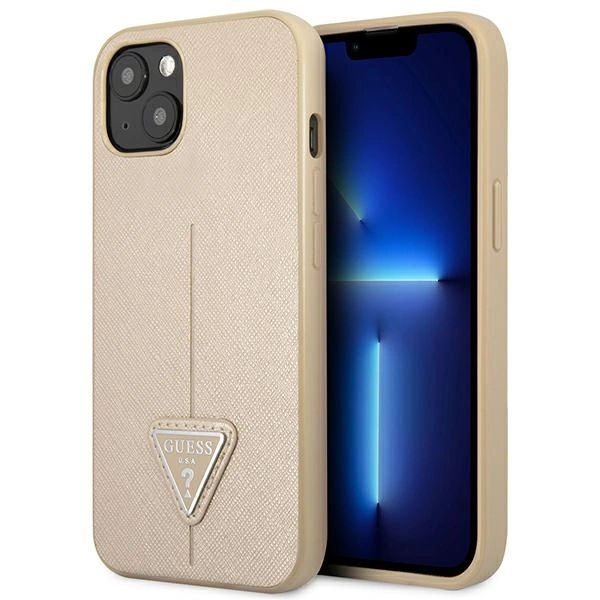 Guess GUHCP14SPSATLE iPhone 14 6,1" smėlio spalvos kietas dėklas Saffiano Triangle Logo