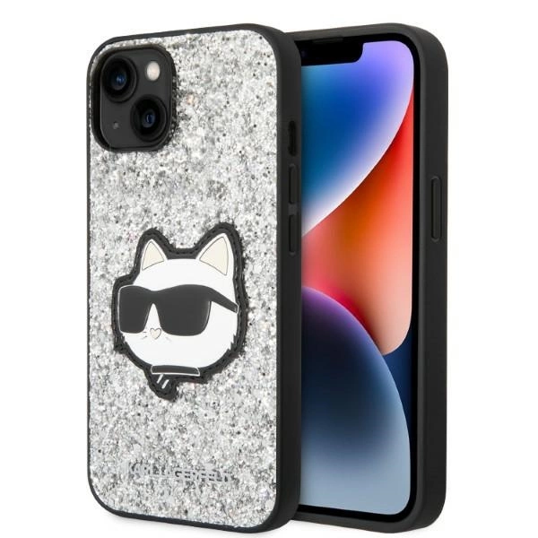 Karl Lagerfeld KLHCP14MG2CPS iPhone 14 Plus 6,7" – sidabrinis/sidabrinis kietas dėklas, Glitter Choupette Patch