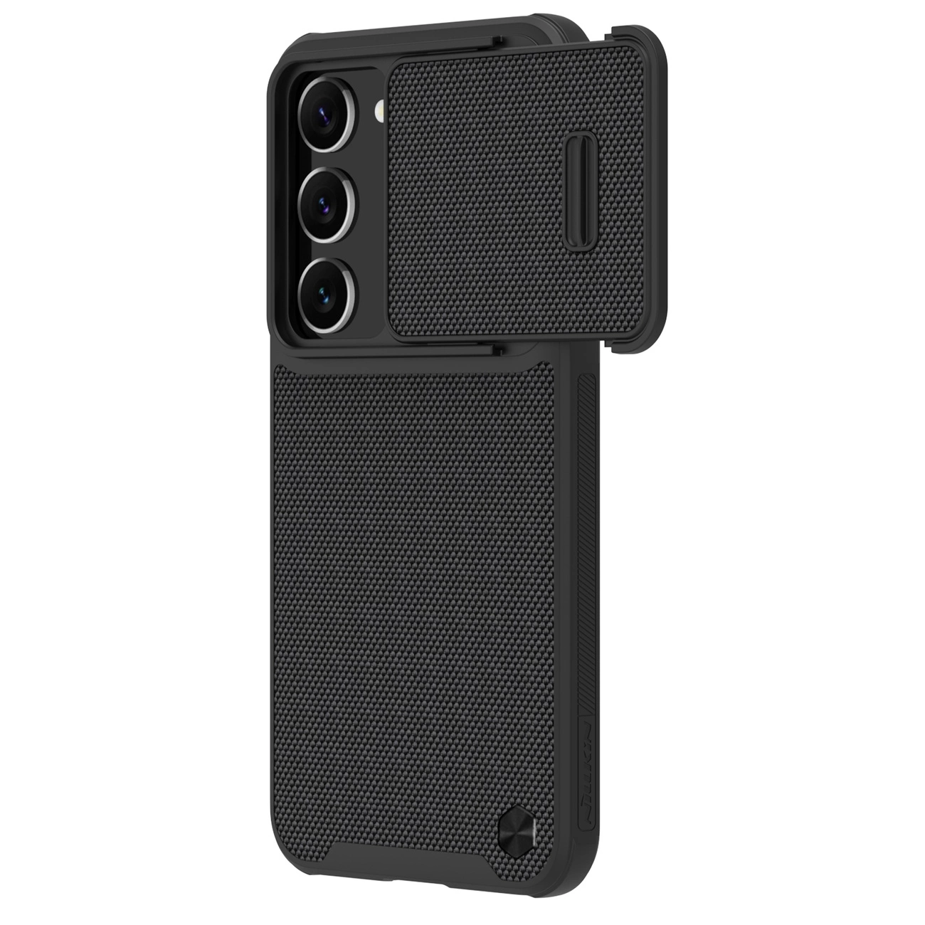 Nillkin Textured S dėklas Samsung Galaxy S23 – apsauginis su kameros dangčiu, juodas