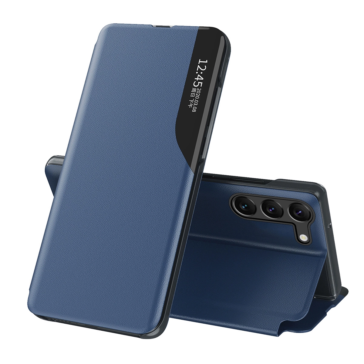 Eco Leather View dėklas Samsung Galaxy S23+ – atverčiamas stovas, mėlynas