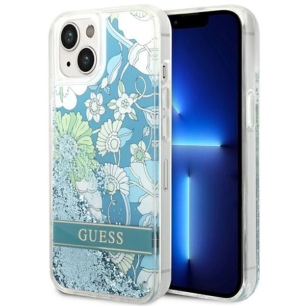 Guess GUHCP14SLFLSN iPhone 14 6,1" žalias kietas dėklas Flower Liquid Glitter