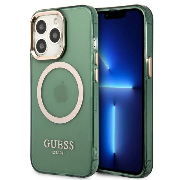 Guess GUHMP13LHTCMA iPhone 13 Pro / 13 6,1" – žalias/ chaki kietas dėklas, Gold Outline Translucent MagSafe