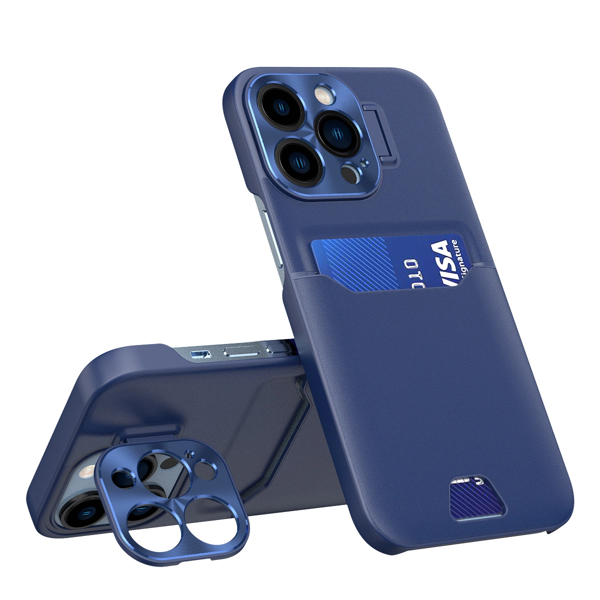Leather Stand dėklas iPhone 14 Pro – kortelių piniginė su stovu, mėlynas