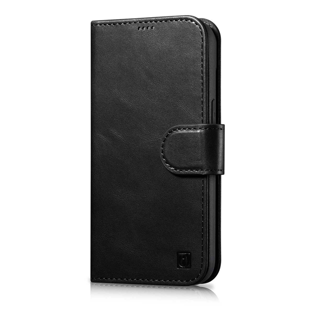 iCarer Oil Wax piniginės tipo dėklas 2in1 iPhone 14, odinis flip dėklas, Anti-RFID, juodas (WMI14220721-BK)