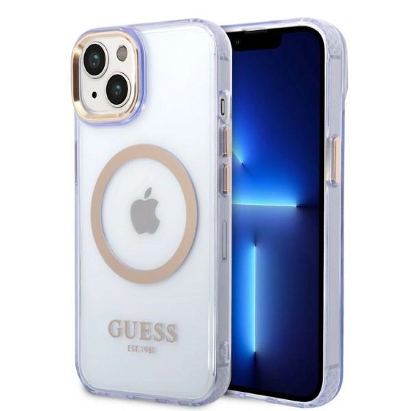 Guess GUHMP14SHTCMU iPhone 14 6,1" – violetinis/violetinis kietas dėklas, Gold Outline Translucent MagSafe