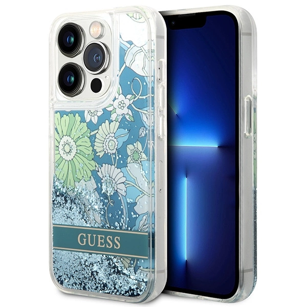 Guess Flower Liquid Glitter dėklas iPhone 14 Pro Max – žalias