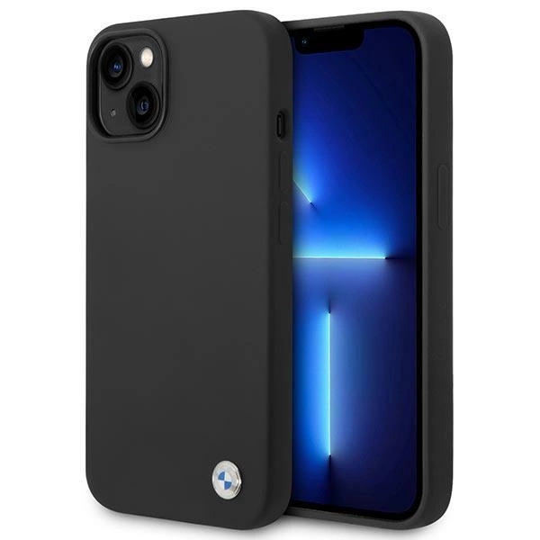 BMW BMHCP14SSILBK dėklas iPhone 14 6,1" juodas silikoninis su metaliniu logotipu