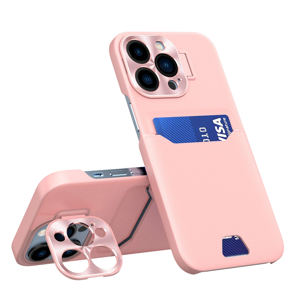 Leather Stand dėklas iPhone 14 Pro – kortelių piniginė su stovu, rožinis
