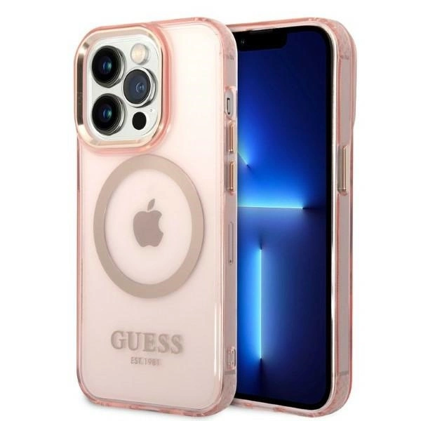 Guess GUHMP14LHTCMP iPhone 14 Pro 6,1" – rožinis/rožinis kietas dėklas, Gold Outline Translucent MagSafe