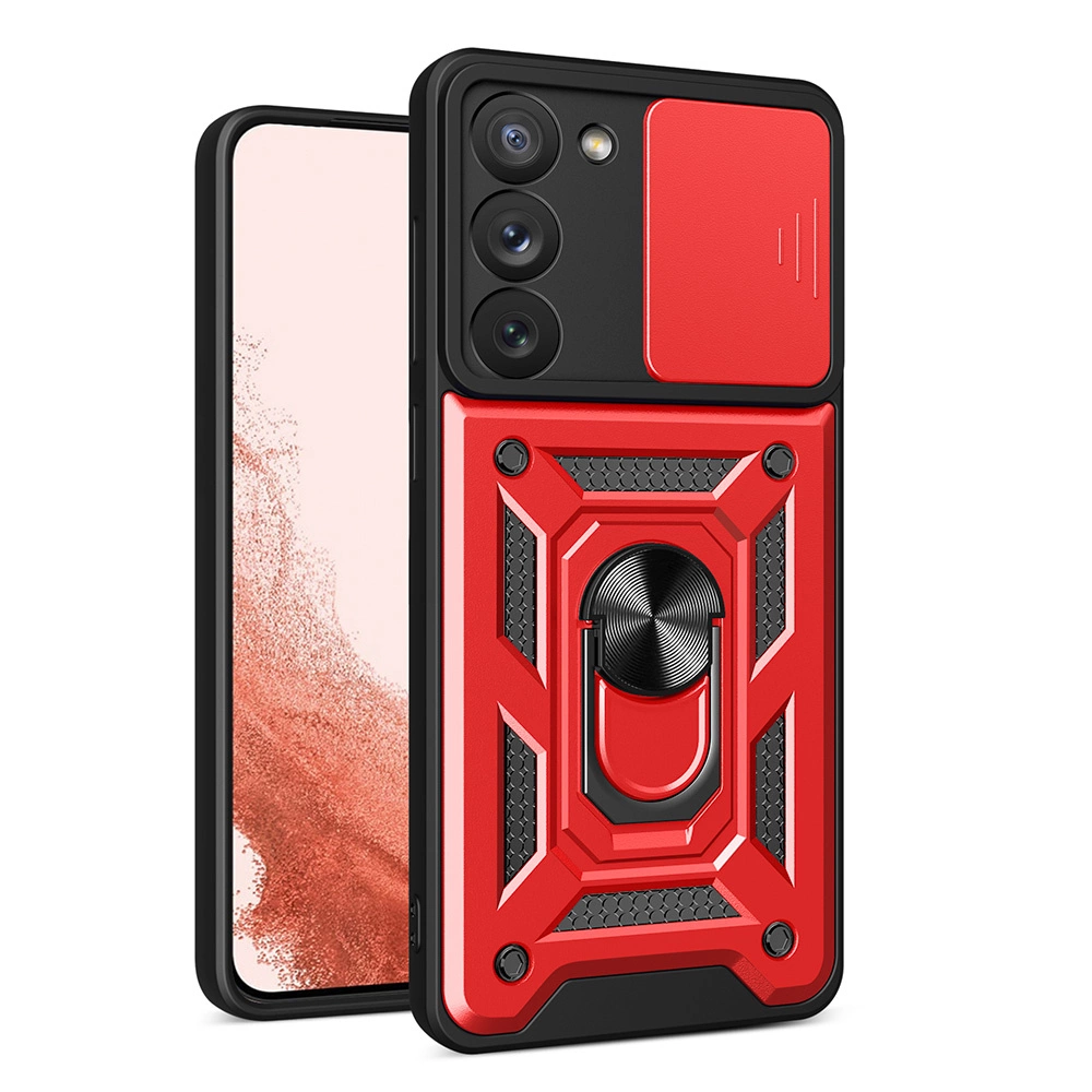 Hybrid Armor Camshield dėklas Samsung Galaxy S23+ – apsauginis su kameros dangčiu, raudonas