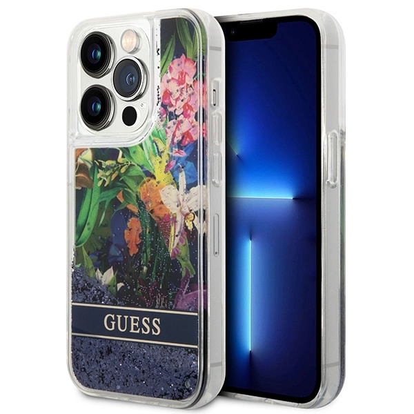 Guess Flower Liquid Glitter dėklas iPhone 14 Pro Max – mėlynas