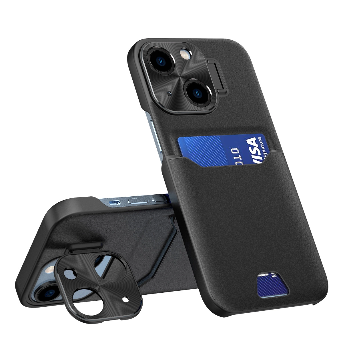 Leather Stand dėklas iPhone 14 Plus – kortelių piniginė su stovu, juodas