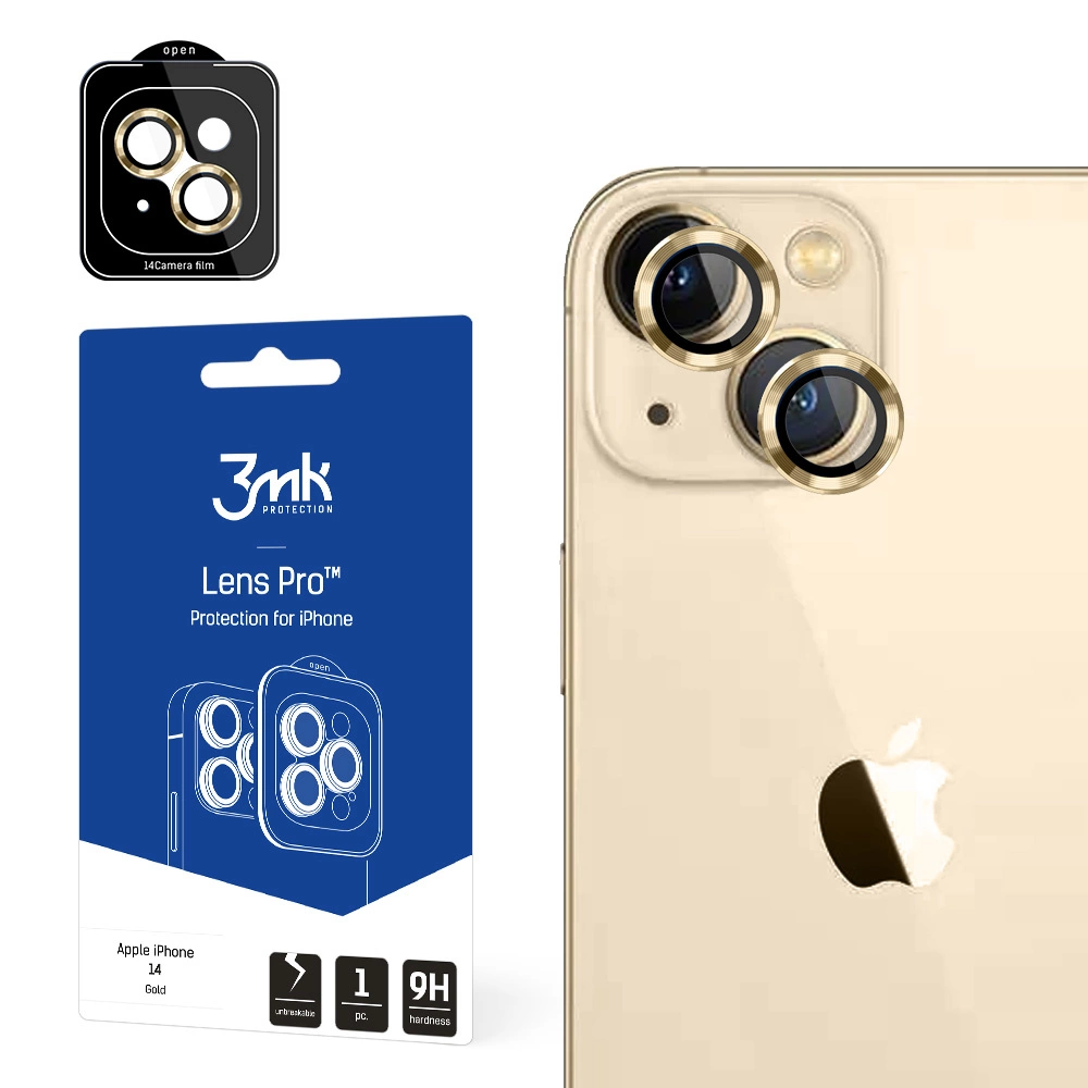 Kameros stiklas iPhone 14 9H 3mk Lens Protection Pro serijos objektyvui, auksinė
