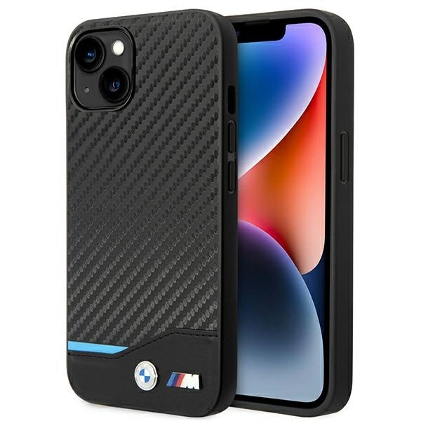 BMW BMHCP14S22NBCK dėklas iPhone 14 6,1" juodas odinis su anglies raštu