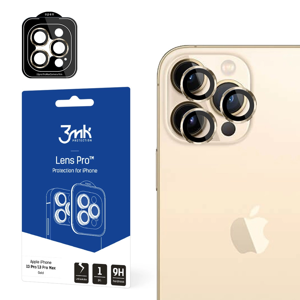 iPhone 13 Pro Max / 13 Pro 9H Kameros stiklas 3mk Lens Protection Pro serijos objektyvui, auksinė