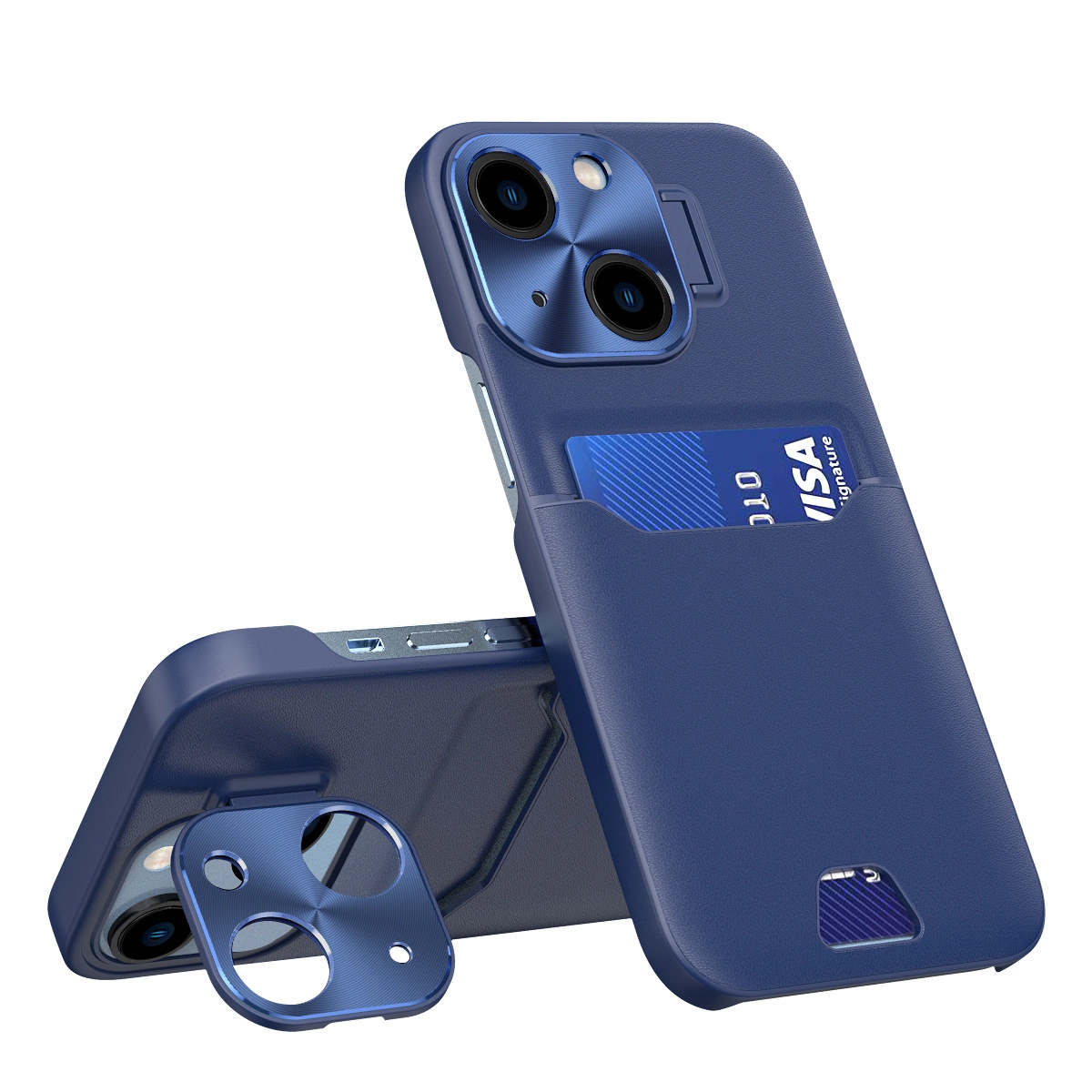 Leather Stand dėklas iPhone 14 Plus – kortelių piniginė su stovu, mėlynas