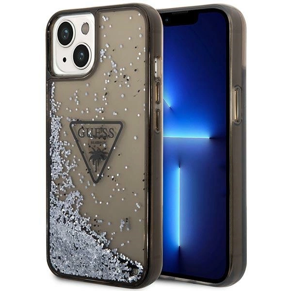 Guess GUHCP14SLFCTPK iPhone 14 6,1" – juodas/juodas kietas dėklas, Liquid Glitter Palm Collection