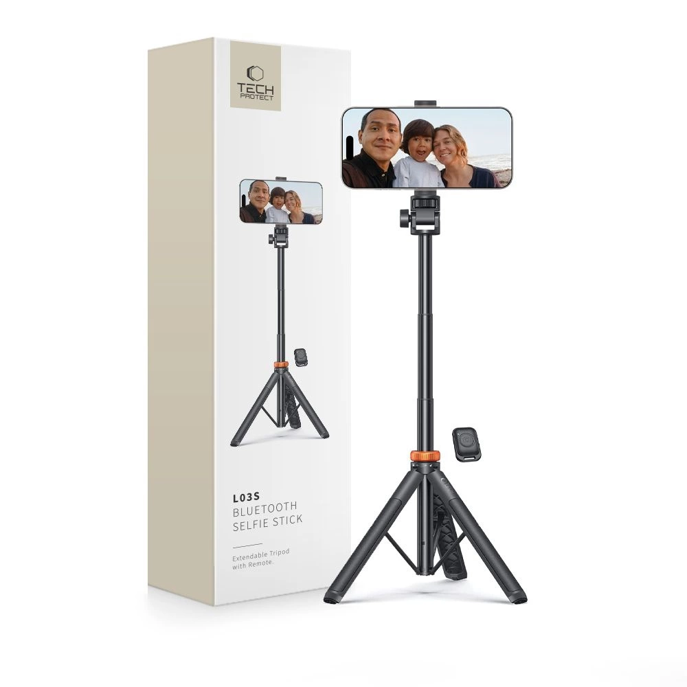 Tech-Protect L03S Bluetooth selfie lazda su nuotolinio valdymo pultu, trikojis iki 148 cm ir galvute 180° – juodas
