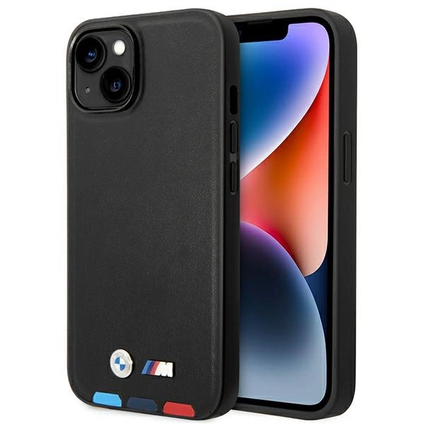BMW BMHCP14M22PTDK dėklas iPhone 14 Plus 6,7" juodas odinis su Trispalviu įspaudu