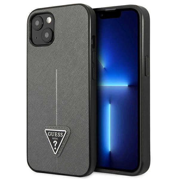 Guess GUHCP14MPSATLG iPhone 14 Plus 6,7" sidabrinis kietas dėklas Saffiano Triangle Logo