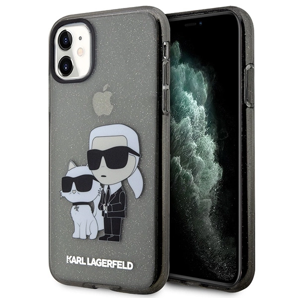 Karl Lagerfeld KLHCN61HNKCTGK dėklas iPhone 11 / XR 6.1" – juodas/juodas, kietas, Gliter Karl & Choupette