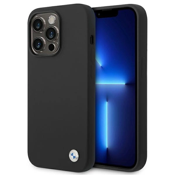 BMW BMHCP14LSILBK dėklas iPhone 14 Pro 6,1" juodas silikoninis su metaliniu logotipu