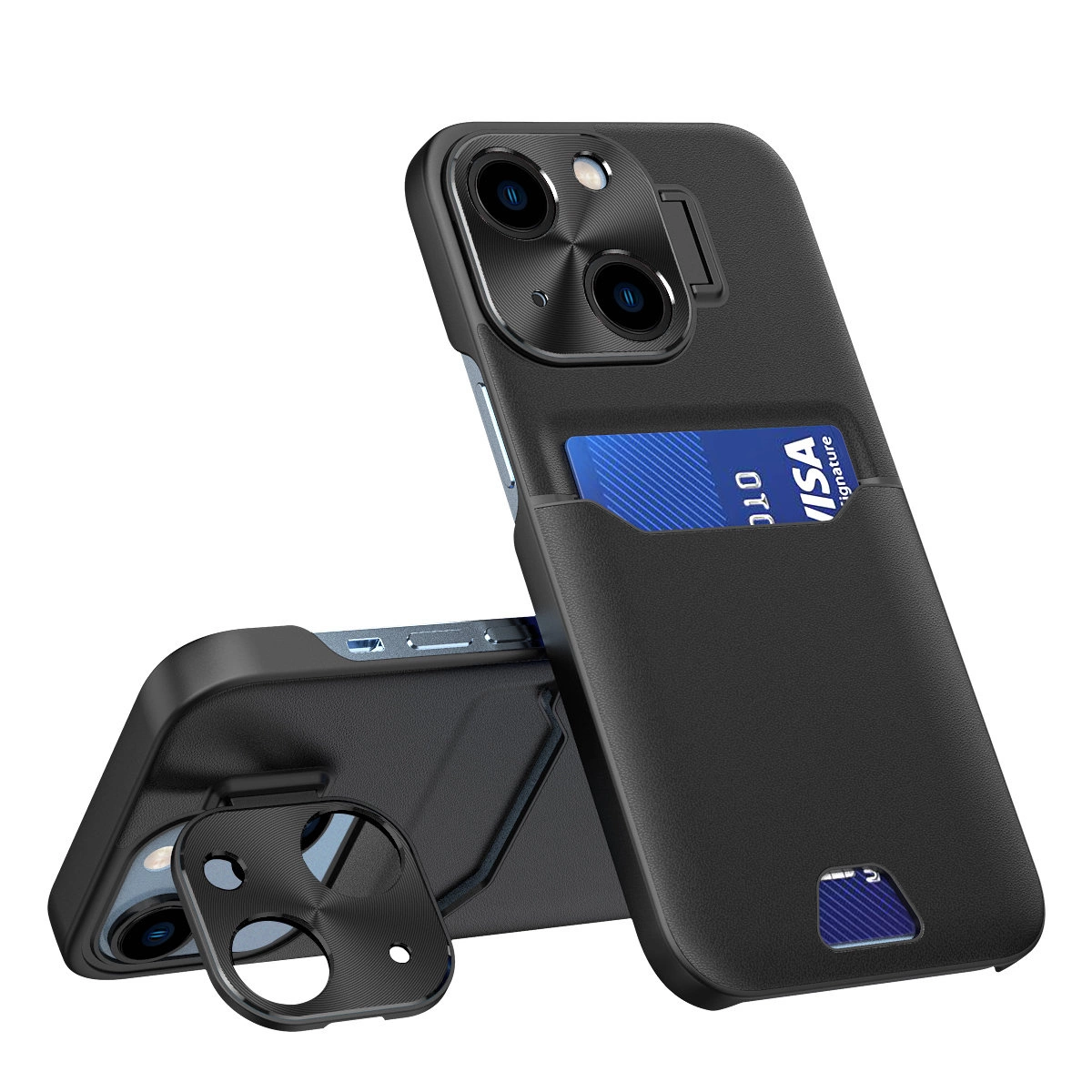 Leather Stand dėklas Samsung Galaxy S23 – kortelių piniginė su stovu, juodas