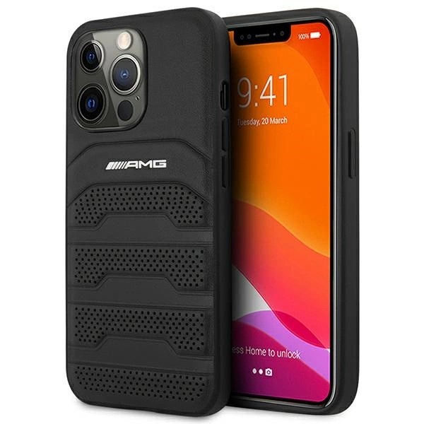 AMG AMHCP14XGSEBK iPhone 14 Pro Max 6,7" juodas kietas dėklas odinis įspaustos linijos