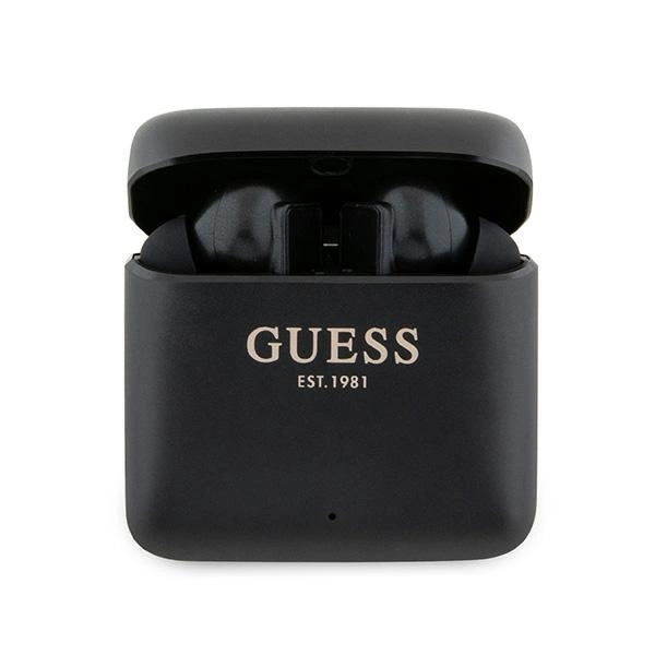 Guess Bluetooth ausinės GUTWSSU20ALEGK TWS + dokas juodas/juodas su spausdintu logotipu