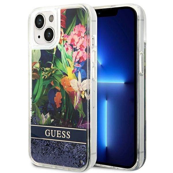 Guess GUHCP14MLFLSB iPhone 14 Plus 6,7" mėlynas kietas dėklas Flower Liquid Glitter