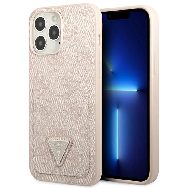 Guess 4G Triangle Logo dėklas su kortelių kišene iPhone 13 Pro Max – rožinis