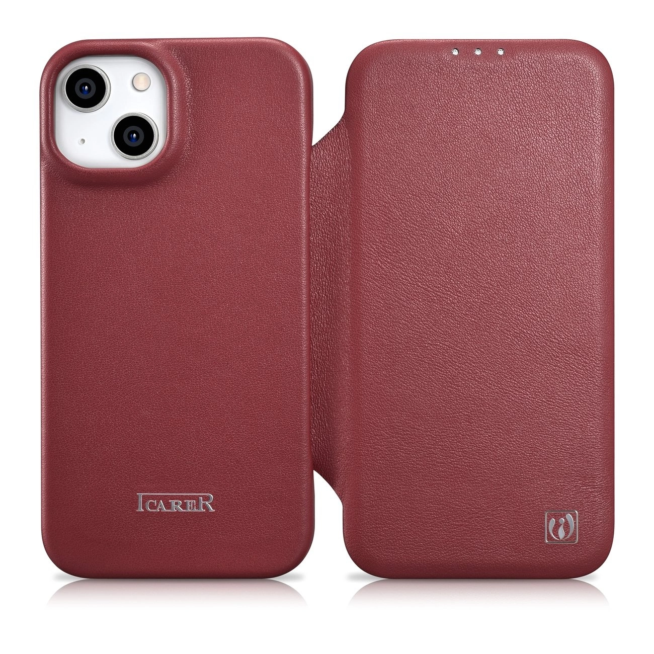 iCarer CE Premium Leather Folio dėklas iPhone 14 Plus magnetinis flip odinis dėklas su MagSafe raudonas (WMI14220715-RD)