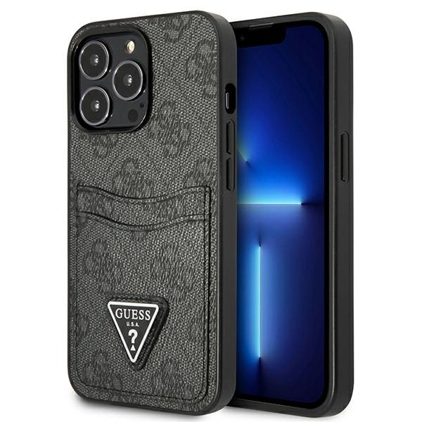 Guess GUHCP13LP4TPK iPhone 13 Pro / 13 6,1" – juodas/juodas kietas dėklas, 4G Triangle Logo, kortelių kišenė