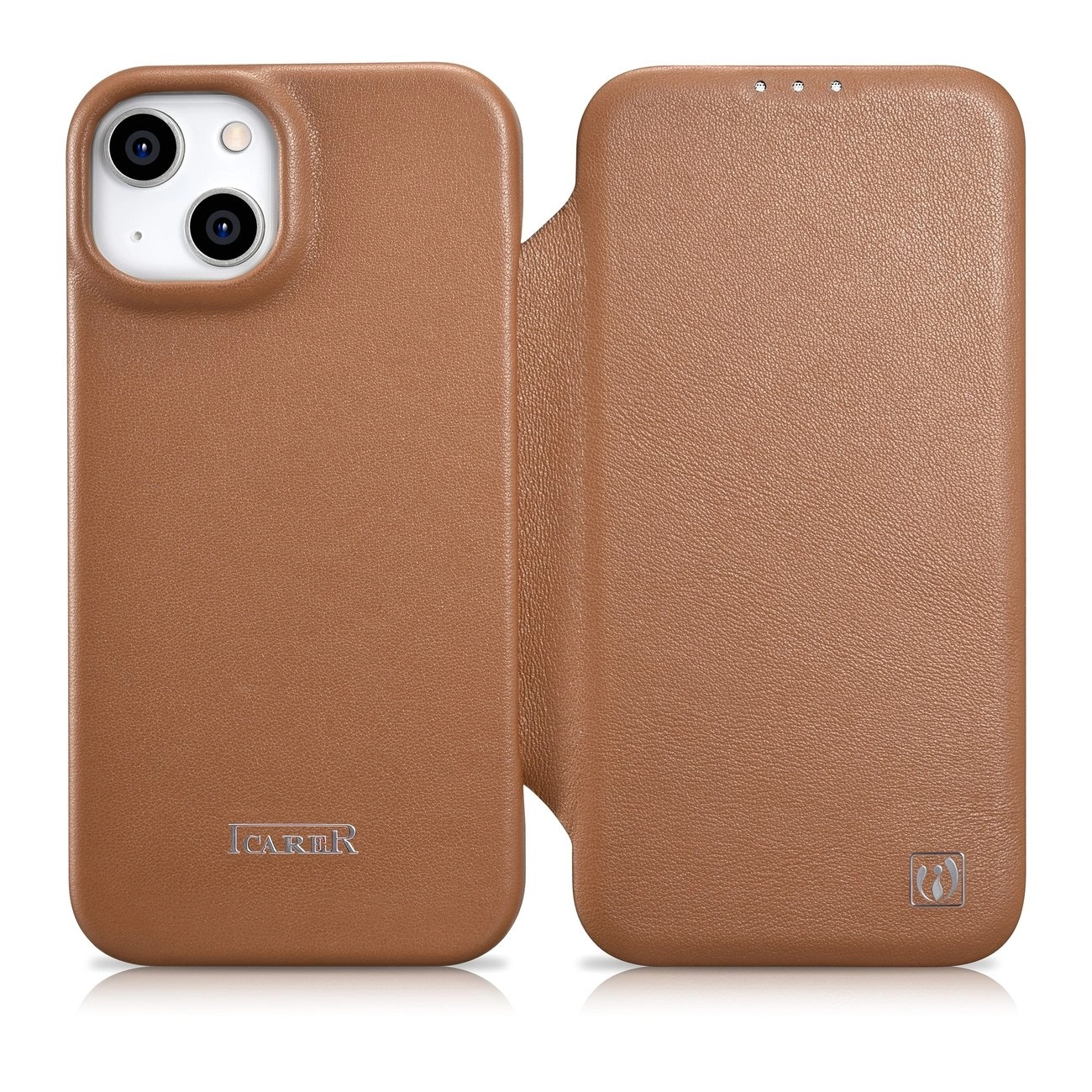 iCarer CE Premium Leather Folio dėklas iPhone 14 Plus magnetinis flip odinis dėklas su MagSafe rudas (WMI14220715-BN)