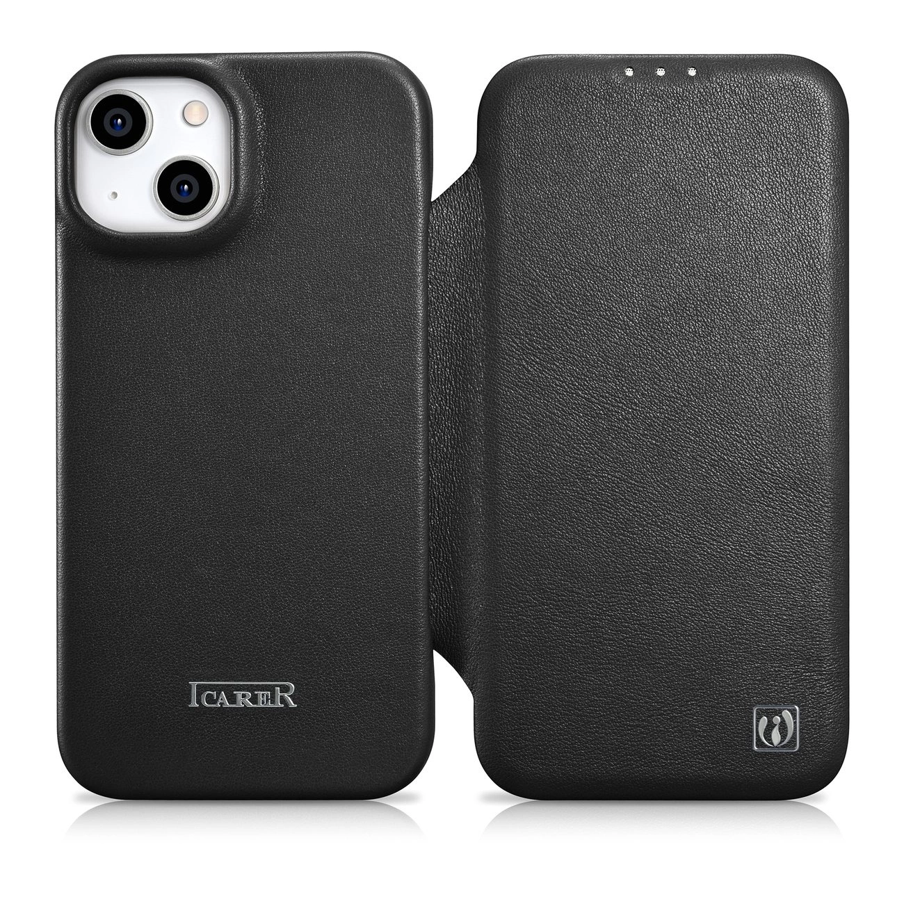 iCarer CE Premium Leather Folio dėklas iPhone 14 Plus magnetinis flip odinis dėklas su MagSafe juodas (WMI14220715-BK)
