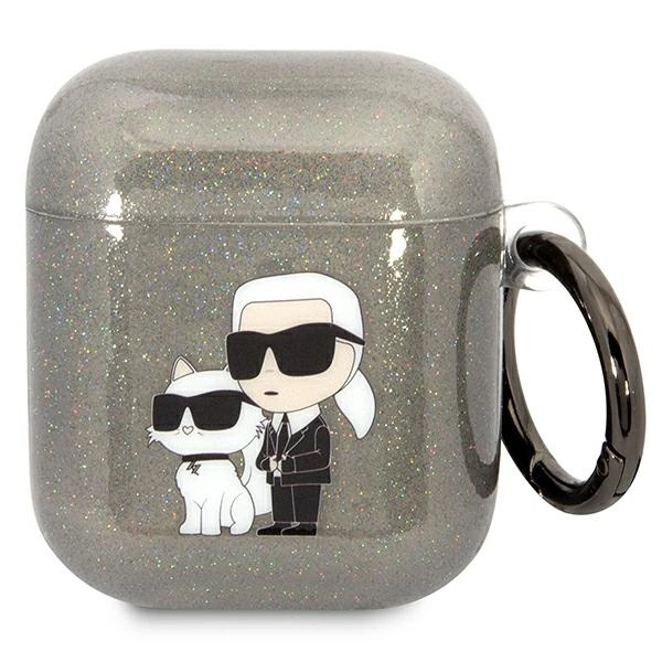 Karl Lagerfeld KLA2HNKCTGK dėklas AirPods 1/2 – juodas/juodas, Gliter Karl & Choupette