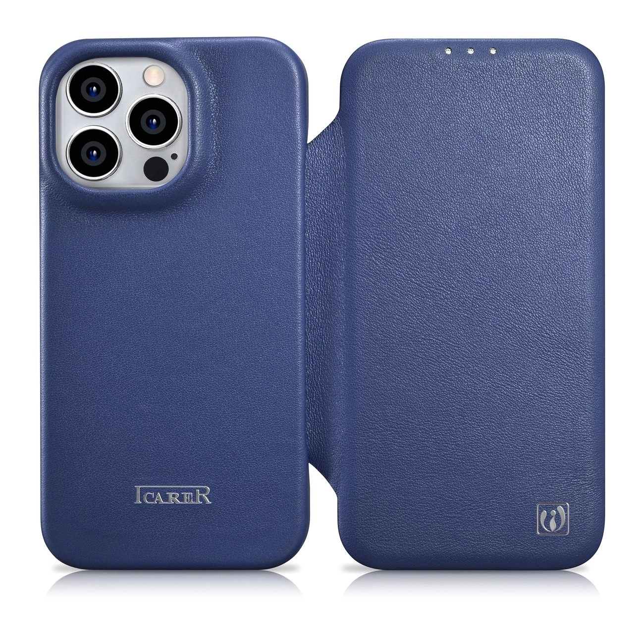 iCarer CE Premium Leather Folio dėklas iPhone 14 Pro magnetinis flip odinis dėklas su MagSafe mėlynas (WMI14220714-BU)