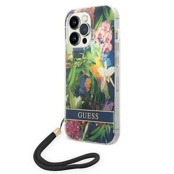 Guess GUOHCP14LHFLSB iPhone 14 Pro 6,1" mėlynas kietas dėklas Flower Strap