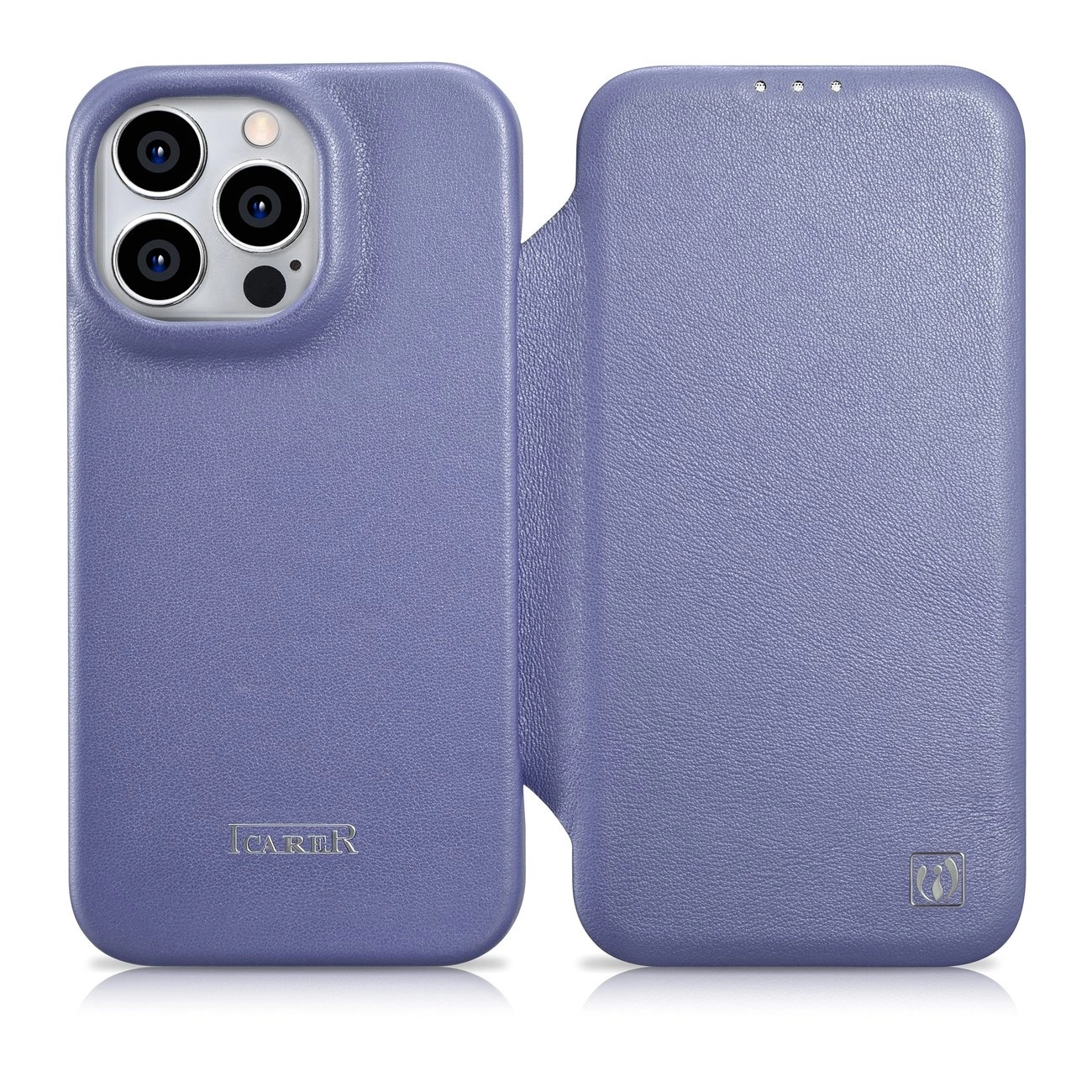 iCarer CE Premium Leather Folio dėklas iPhone 14 Pro magnetinis flip odinis dėklas su MagSafe šviesiai violetinis (WMI14220714-LP)