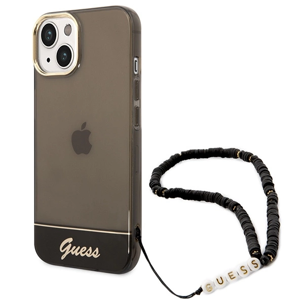 Guess GUHCP14MHGCOHK iPhone 14 Plus 6,7" juodas kietas dėklas Translucent Pearl Strap