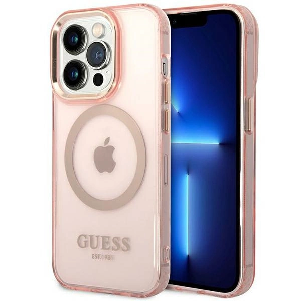 Guess GUHMP14XHTCMP dėklas iPhone 14 Pro Max 6.7" – rožinis/rožinis, kietas, Gold Outline Translucent MagSafe